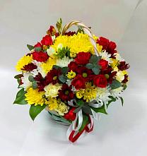 Цветочная композиция из Хризантемы и Розы в корзине в Аксеново
