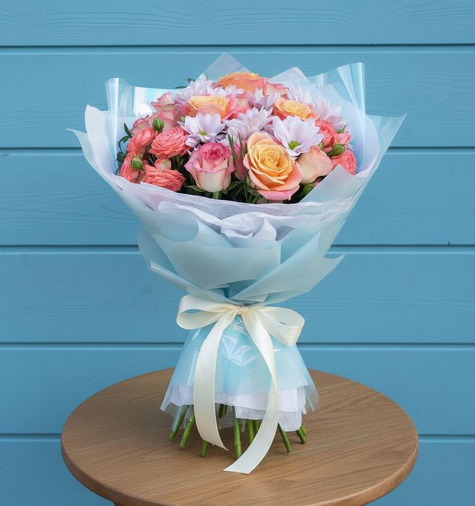 Букет Счастливые мгновение в Аксеново Букет цветов из: Хризантемы и Розы в Аксеново