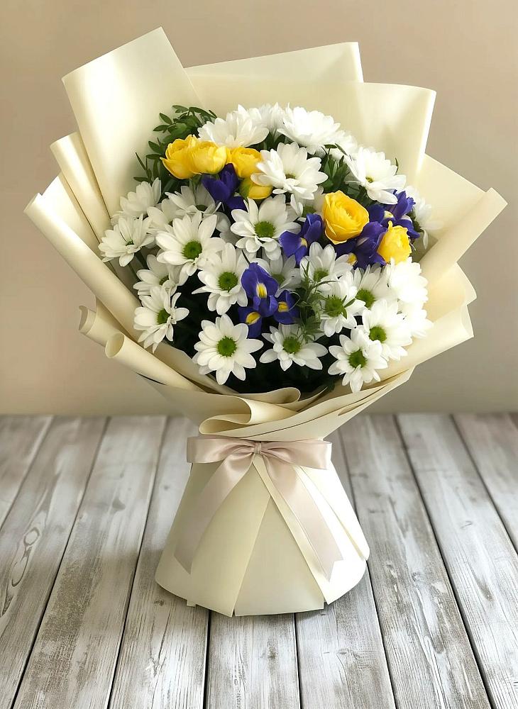 Букет цветов из: Ирисы, Хризантемы и Розы в Аксеново
