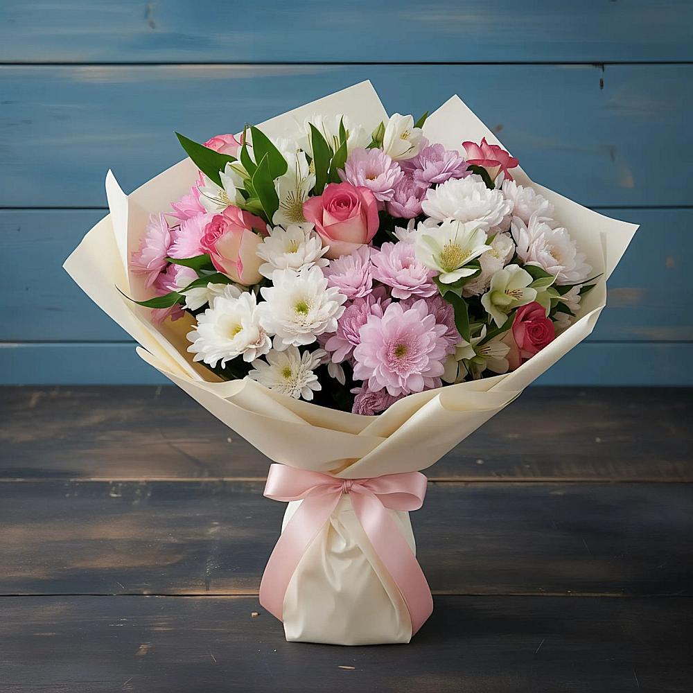 Букет цветов из: Хризантемы, Альстромерии и Розы в Аксеново